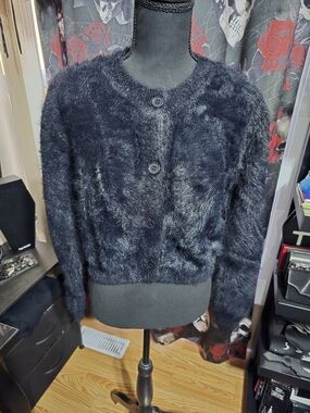 Black Fuzzy Button-Up Cropped Cardigan